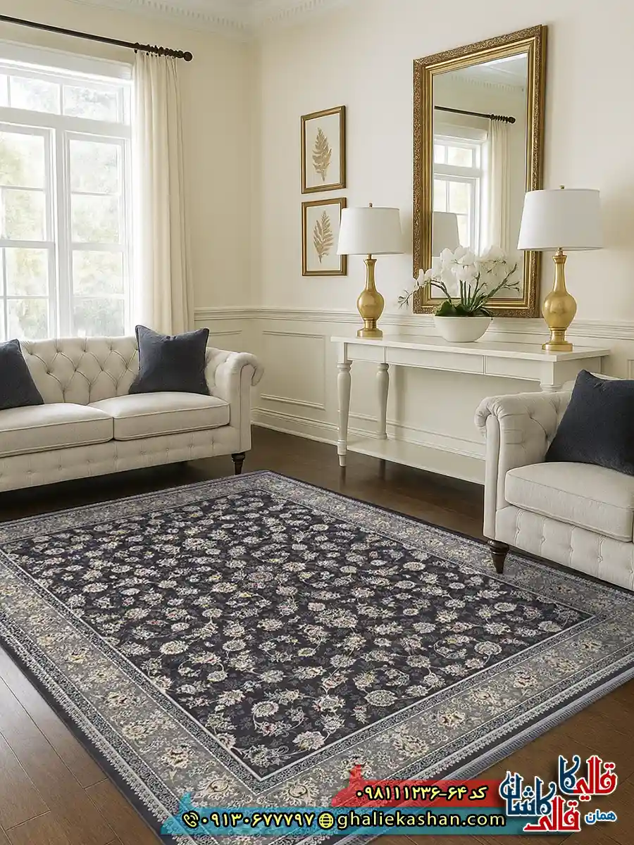 فرش 1200 شانه طرح افشان دلوین رنگ طوسی دودی گل برجسته کاشان دکوراسیون