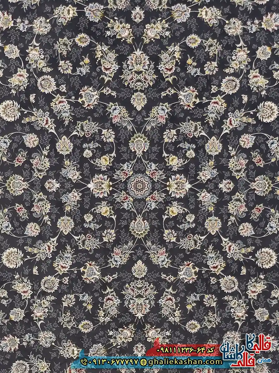 فرش 1200 شانه طرح افشان دلوین رنگ طوسی دودی گل برجسته کاشان زمینه