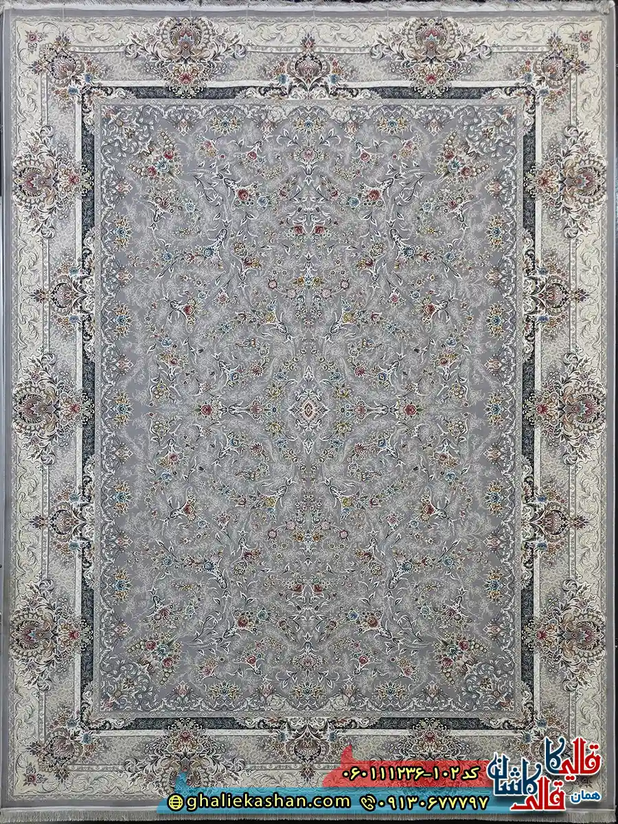 فرش 1200 شانه طرح افشان روشنک رنگ طوسی نقره ای گل برجسته کاشان اصلی