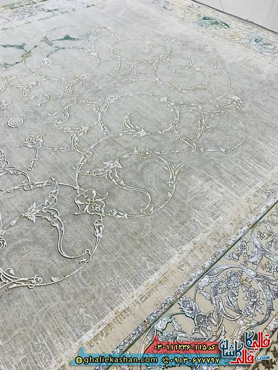 فرش وینتیج 1200 شانه طرح افشان روناک رنگ فیلی ترمه ای گل برجسته کاشان زمینه