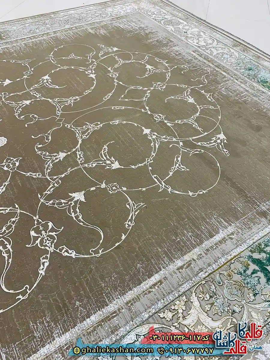 فرش 1200 شانه طرح افشان روناک رنگ قهوه ای نسکافه ای گل برجسته کاشان زمینه