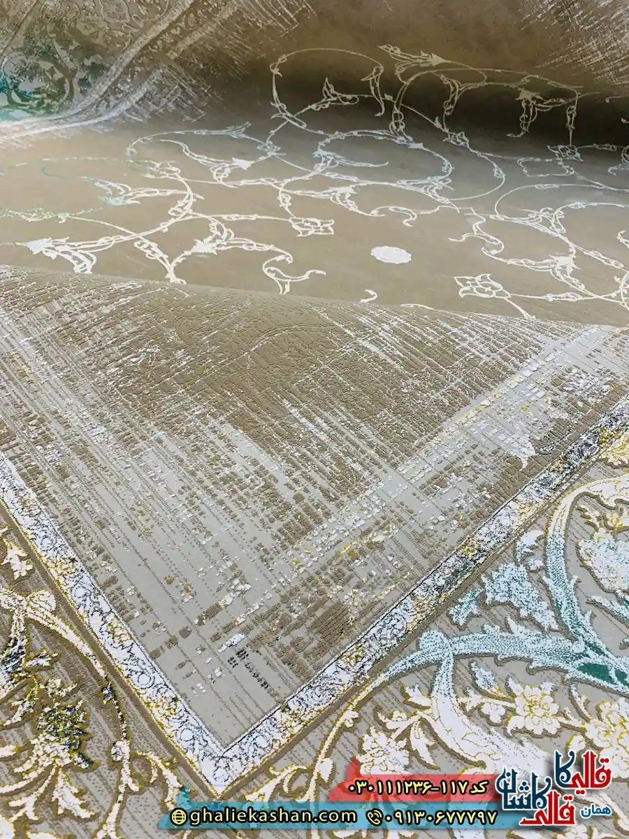 فرش 1200 شانه طرح افشان روناک رنگ قهوه ای نسکافه ای گل برجسته کاشان نزدیک