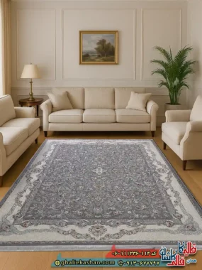 فرش 1200 شانه طرح افشان سوسن رنگ طوسی نقره ای گل برجسته کاشان