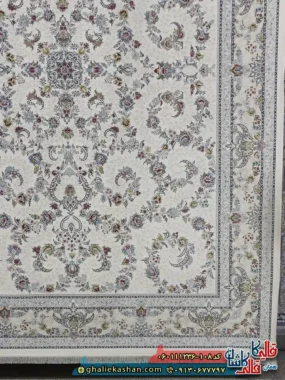 فرش 1200 شانه طرح افشان سپیدار رنگ سفید گل برجسته کاشان حاشیه
