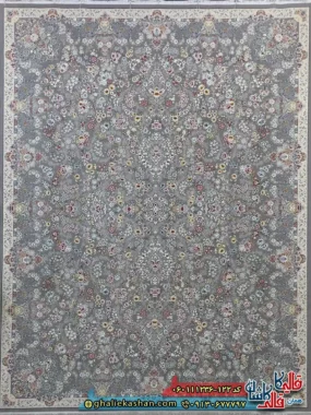 فرش 1200 شانه طرح افشان شیدا رنگ طوسی نقره ای گل برجسته کاشان اصلی