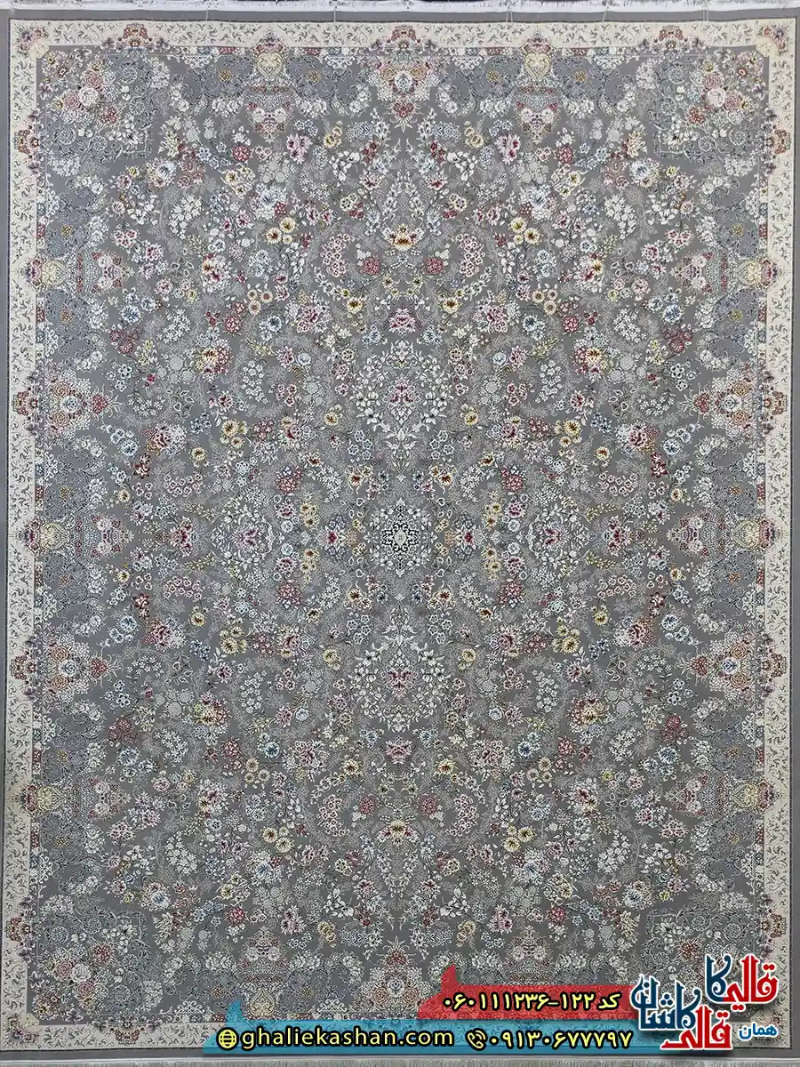 فرش 1200 شانه طرح افشان شیدا رنگ طوسی نقره ای گل برجسته کاشان اصلی