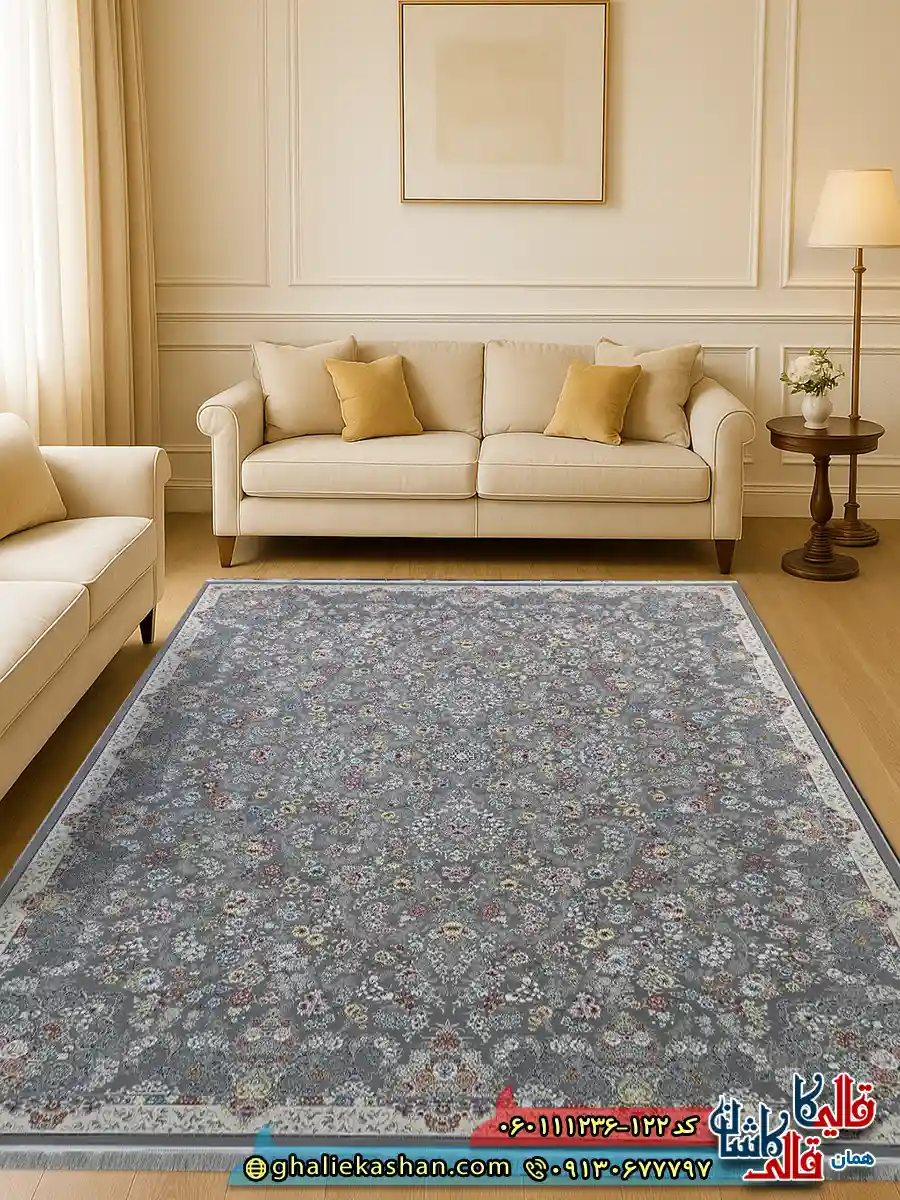 فرش 1200 شانه طرح افشان شیدا رنگ طوسی نقره ای گل برجسته کاشان دکوراسیون فرش 1200 شانه طرح افشان شیدا رنگ طوسی نقره ای گل برجسته کاشان دکوراسیون