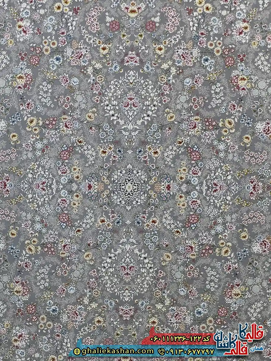 فرش 1200 شانه طرح افشان شیدا رنگ طوسی نقره ای گل برجسته کاشان زمینه