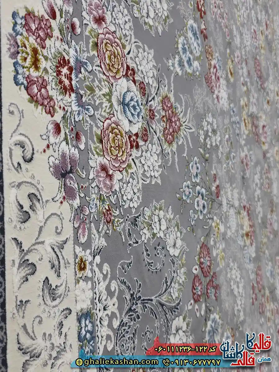 فرش 1200 شانه طرح افشان شیدا رنگ طوسی نقره ای گل برجسته کاشان نزدیک