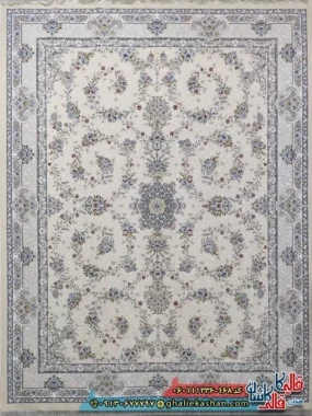 فرش 1200 شانه طرح افشان مهتاب رنگ کرم گل برجسته کاشان اصلی