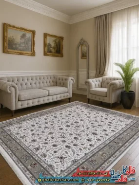 فرش 1200 شانه طرح افشان نارسیس رنگ کرم گل برجسته کاشان