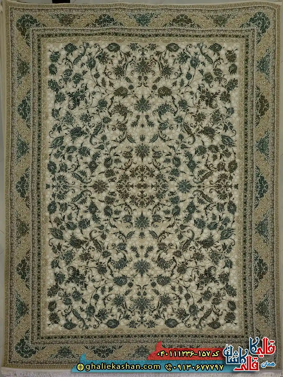 فرش 1200 شانه طرح افشان هدیه رنگ کرم صدفی سبز گل برجسته کاشان اصلی