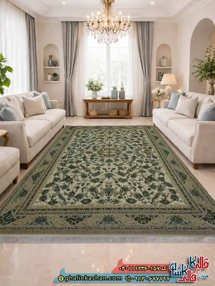 فرش 1200 شانه طرح افشان هدیه رنگ کرم صدفی سبز گل برجسته کاشان دکوراسیون فرش 1200 شانه طرح افشان هدیه رنگ کرم صدفی سبز گل برجسته کاشان دکوراسیون