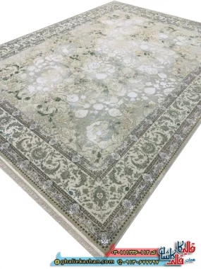 فرش-وینتیج-1200-شانه-طرح-افشان-پریناز-رنگ-کرم-صدفی-سبز-گل-برجسته-کاشان-اصلی