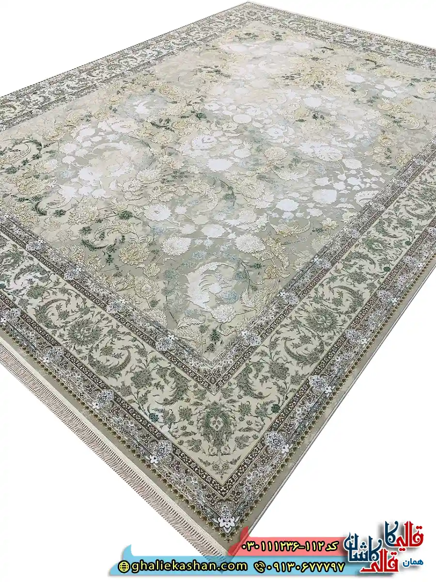 فرش-وینتیج-1200-شانه-طرح-افشان-پریناز-رنگ-کرم-صدفی-سبز-گل-برجسته-کاشان-اصلی