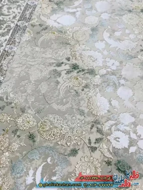 فرش وینتیج 1200 شانه طرح افشان پریناز رنگ کرم صدفی سبز گل برجسته کاشان زمینه