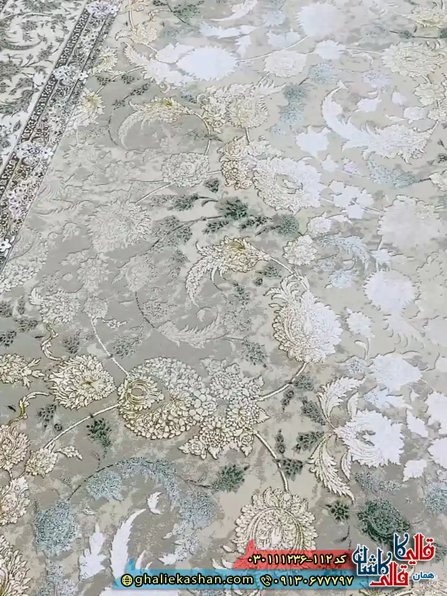 فرش وینتیج 1200 شانه طرح افشان پریناز رنگ کرم صدفی سبز گل برجسته کاشان زمینه