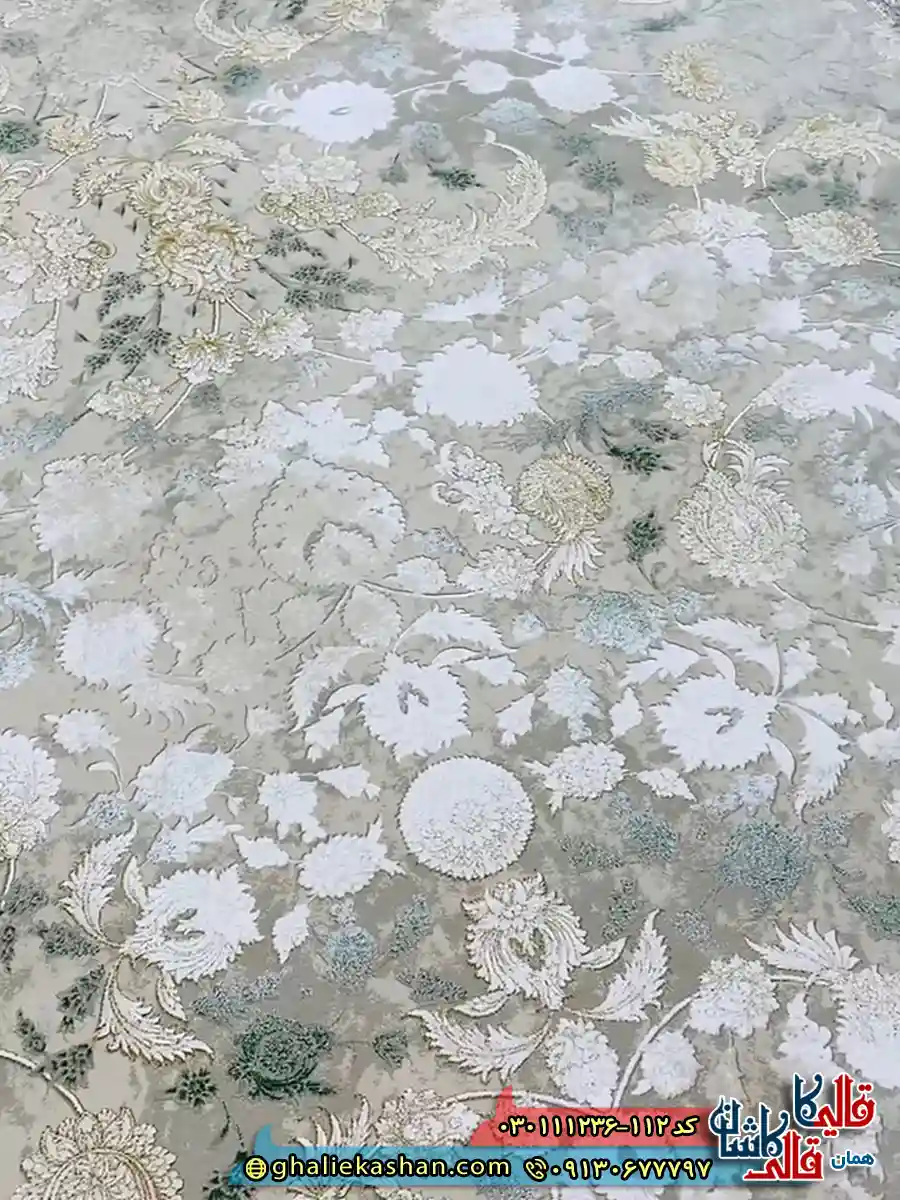 فرش وینتیج 1200 شانه طرح افشان پریناز رنگ کرم صدفی سبز گل برجسته کاشان نزدیک 2
