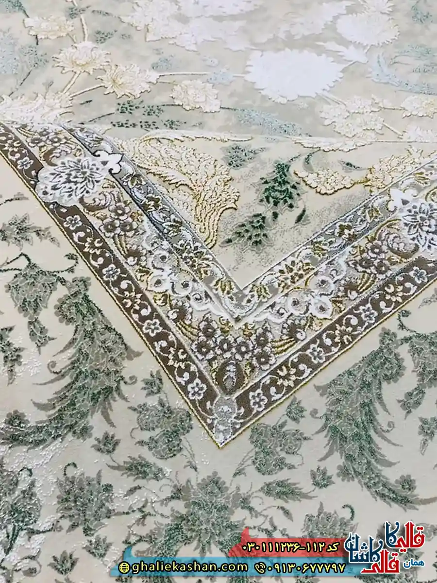 فرش وینتیج 1200 شانه طرح افشان پریناز رنگ کرم صدفی سبز گل برجسته کاشان نزدیک