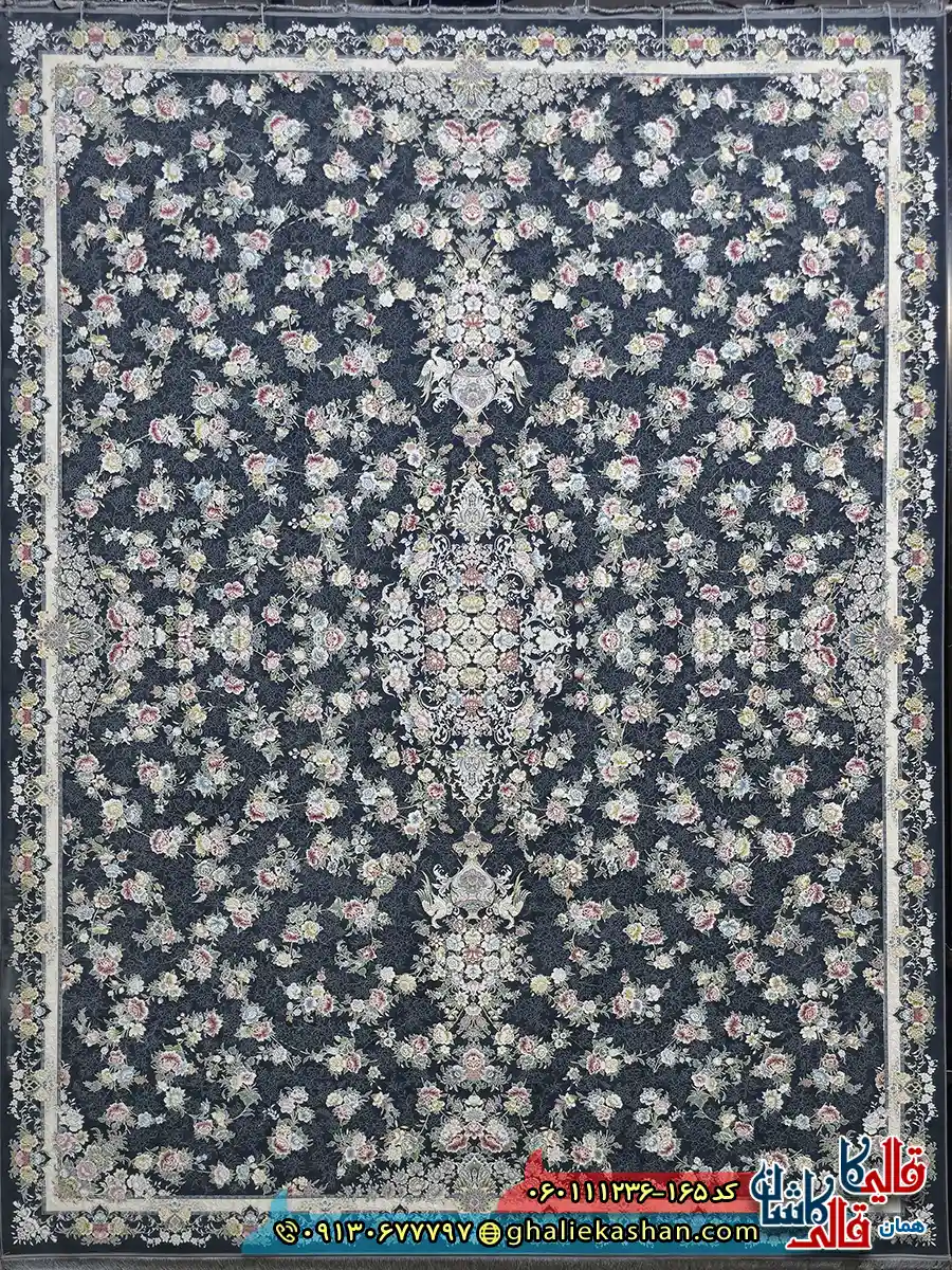 فرش 1200 شانه طرح افشان گلبهار رنگ طوسی دودی گل برجسته کاشان اصلی