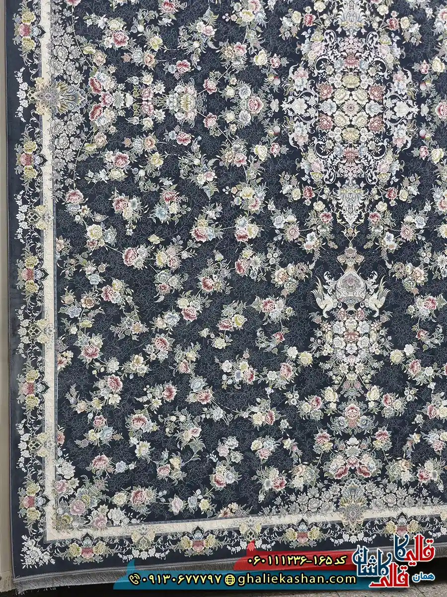 فرش 1200 شانه طرح افشان گلبهار رنگ طوسی دودی گل برجسته کاشان حاشیه