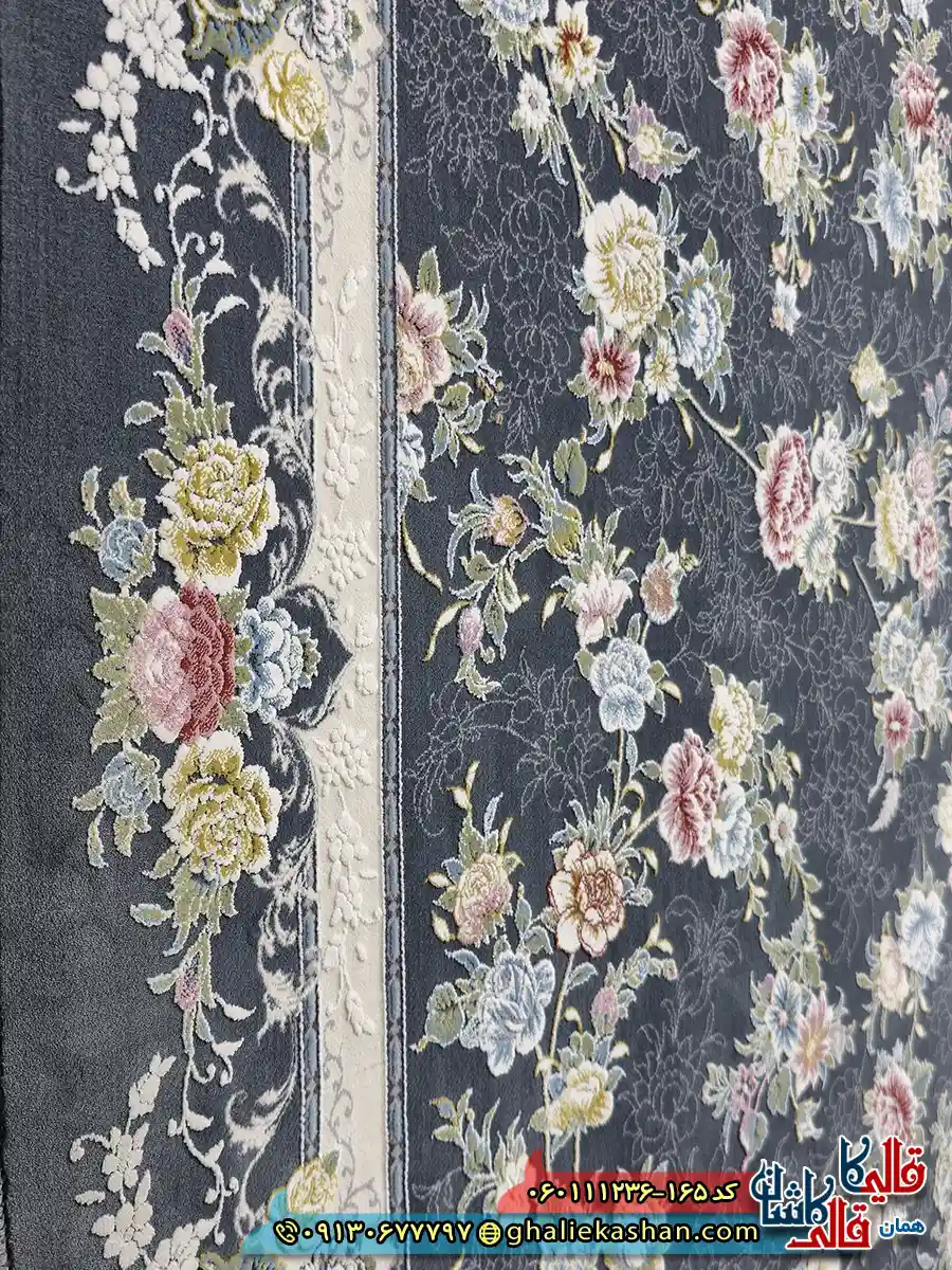 فرش 1200 شانه طرح افشان گلبهار رنگ طوسی دودی گل برجسته کاشان نزدیک