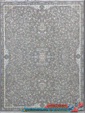 فرش 1200 شانه طرح افشان گلبهار رنگ طوسی نقره ای کاشان اصلی