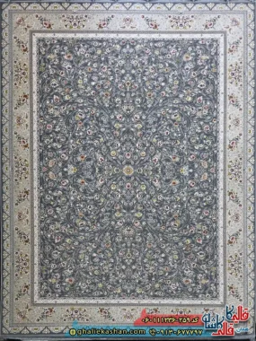 فرش 1200 شانه طرح افشان یونا رنگ طوسی دودی گل برجسته کاشان اصلی