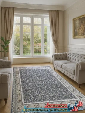 فرش 1200 شانه طرح افشان یونا رنگ طوسی دودی گل برجسته کاشان