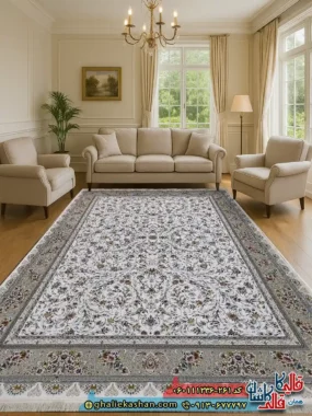فرش 1200 شانه طرح افشان یونا رنگ کرم گل برجسته کاشان