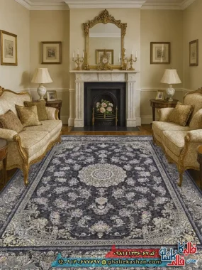 فرش 1200 شانه طرح الارز رنگ طوسی دودی گل برجسته کاشان