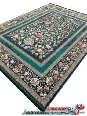 فرش 1200 شانه طرح افشان باغ گل رنگ سبز گل برجسته کاشان اصلی