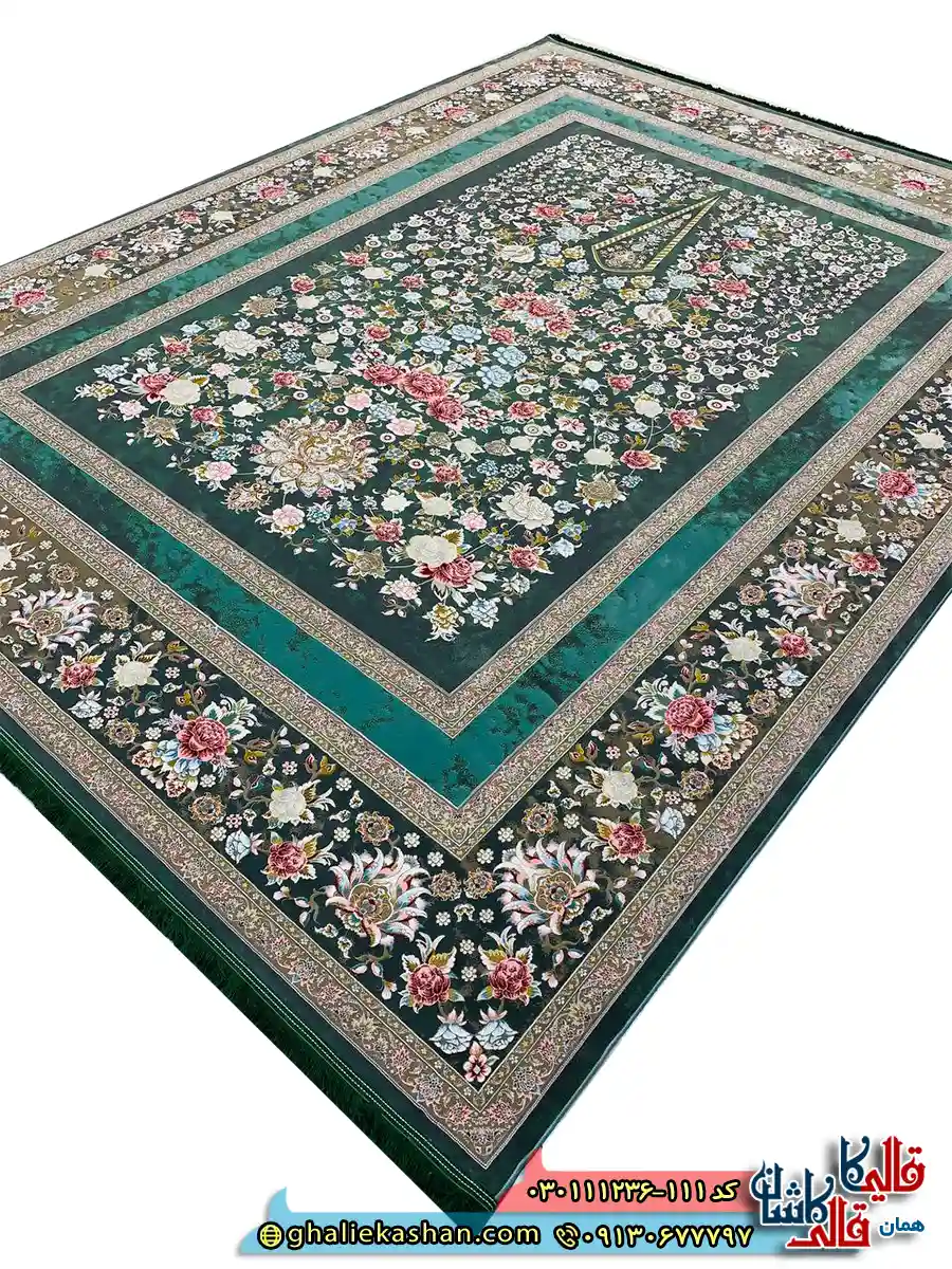 فرش 1200 شانه طرح افشان باغ گل رنگ سبز گل برجسته کاشان اصلی