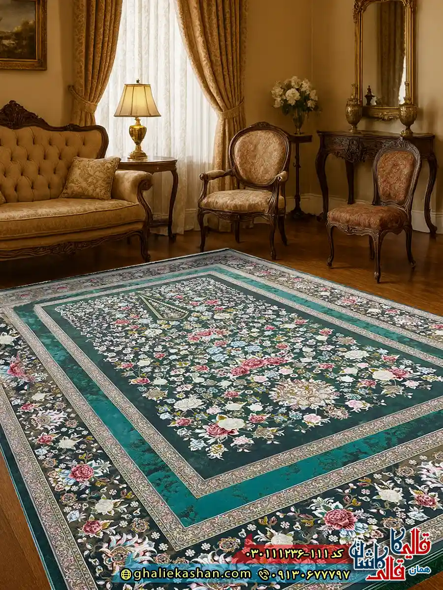 فرش 1200 شانه طرح افشان باغ گل رنگ سبز گل برجسته کاشان دکوراسیون