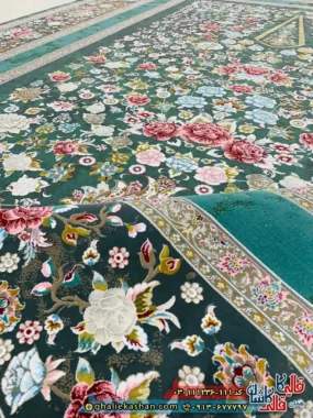 فرش 1200 شانه طرح افشان باغ گل رنگ سبز گل برجسته کاشان نزدیک