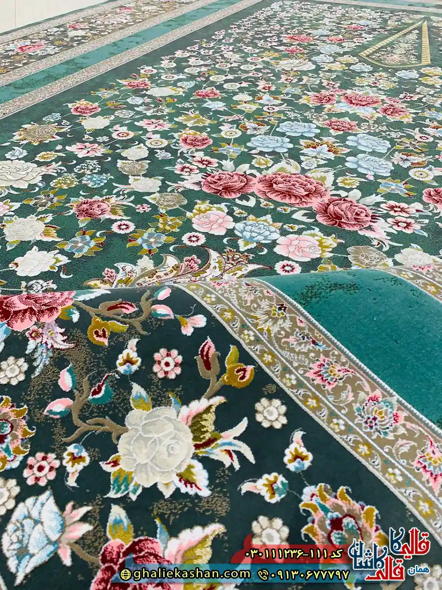 فرش 1200 شانه طرح افشان باغ گل رنگ سبز گل برجسته کاشان نزدیک