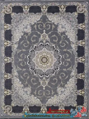 فرش 1200 شانه طرح تندیس رنگ طوسی نقره ای گل برجسته کاشان اصلی