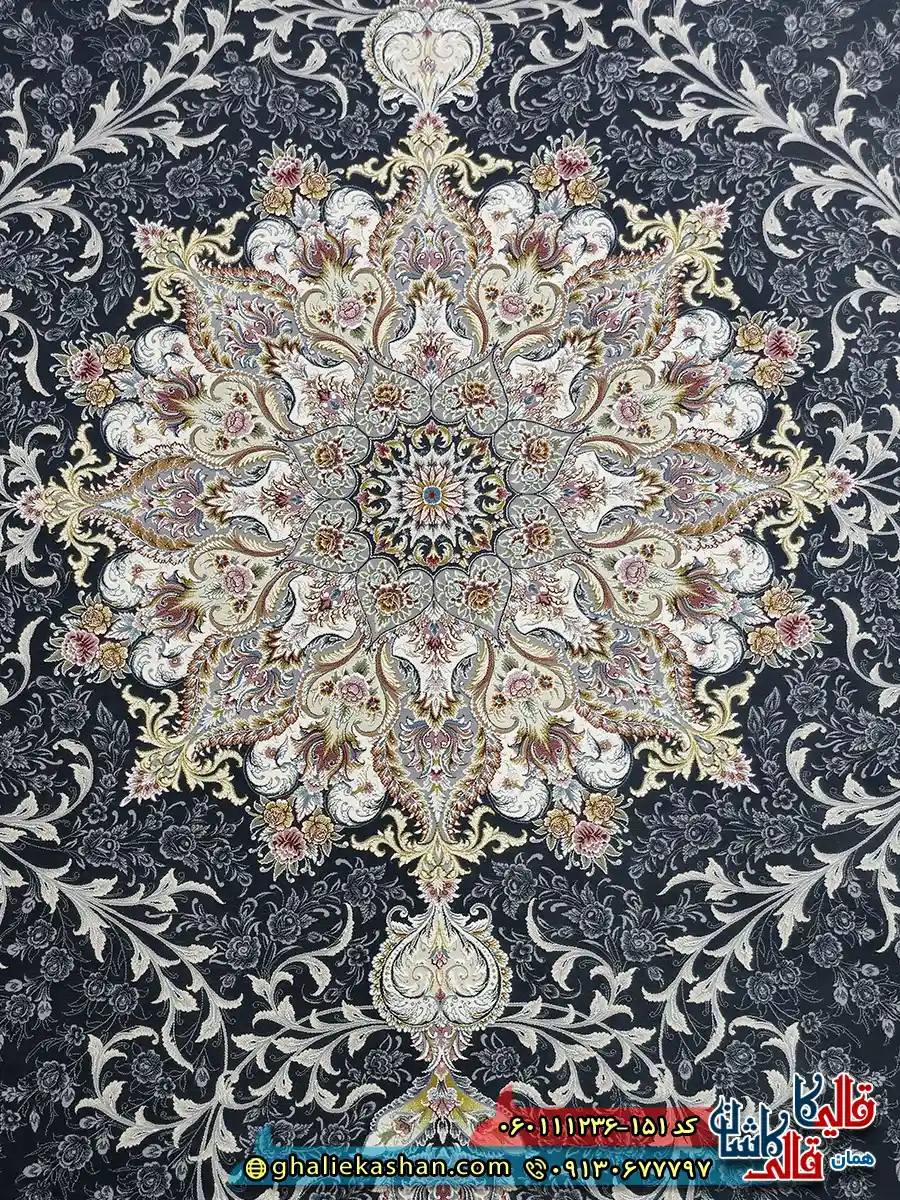 فرش 1200 شانه طرح حدیث رنگ طوسی دودی گل برجسته کاشان زمینه