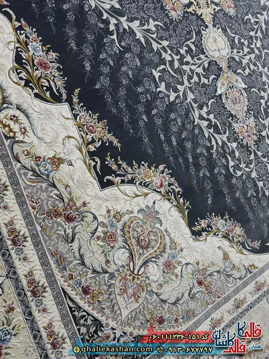 فرش 1200 شانه طرح حدیث رنگ طوسی دودی گل برجسته کاشان نزدیک 2