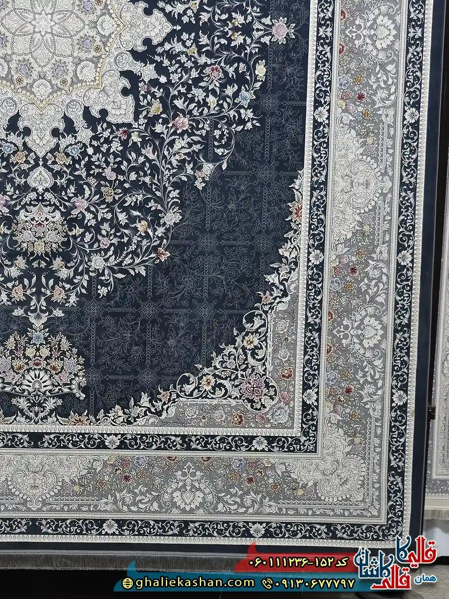 فرش 1200 شانه طرح دلبر رنگ طوسی دودی گل برجسته کاشان حاشیه