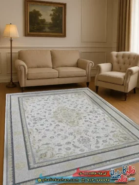 فرش 1200 شانه طرح رایان رنگ سفید گل برجسته کاشان