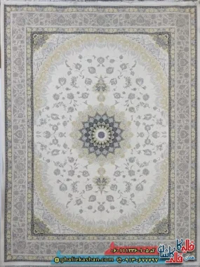 فرش 1200 شانه طرح رویان رنگ کرم گل برجسته کاشان اصلی