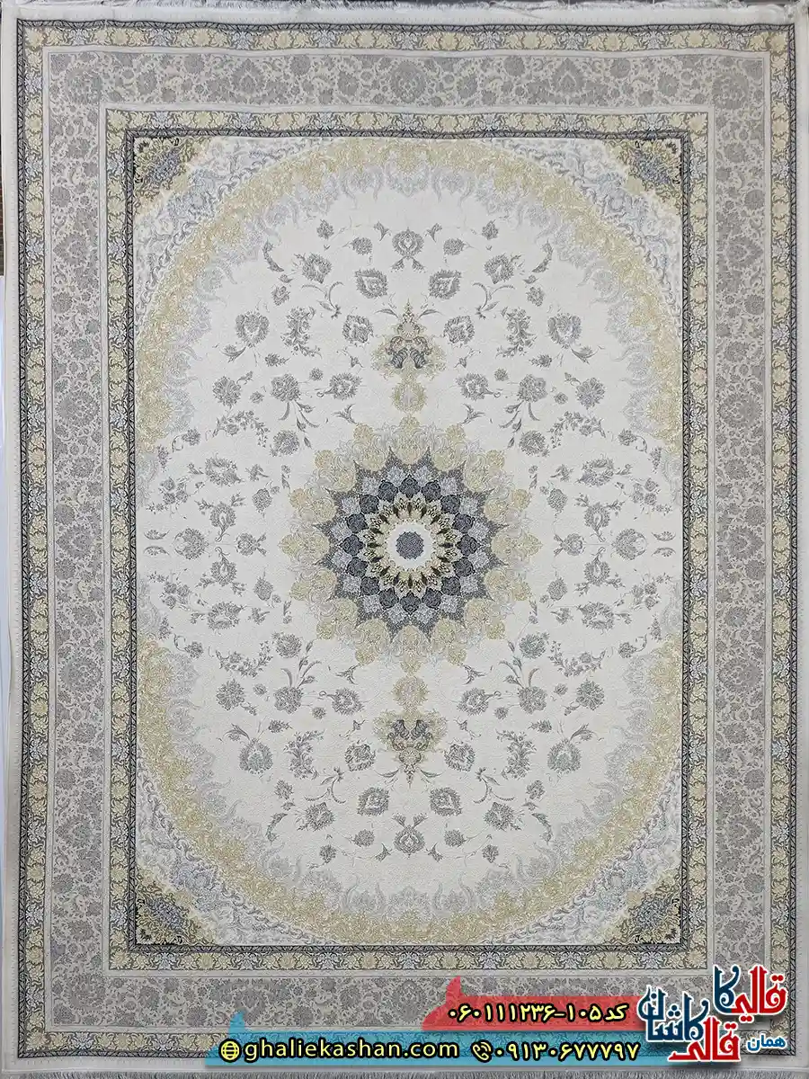 فرش 1200 شانه طرح رویان رنگ کرم گل برجسته کاشان اصلی