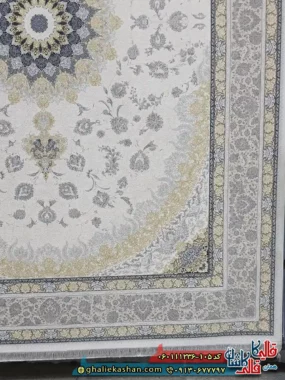 فرش 1200 شانه طرح رویان رنگ کرم گل برجسته کاشان حاشیه