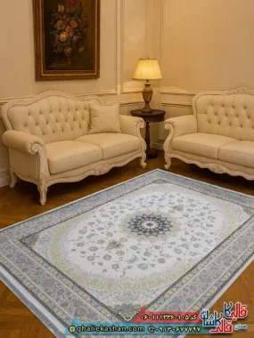 فرش 1200 شانه طرح رویان رنگ کرم گل برجسته کاشان