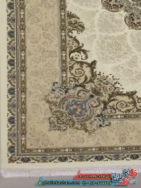 فرش 1200 شانه طرح شهرزاد رنگ سفید کرم گل برجسته کاشان حاشیه