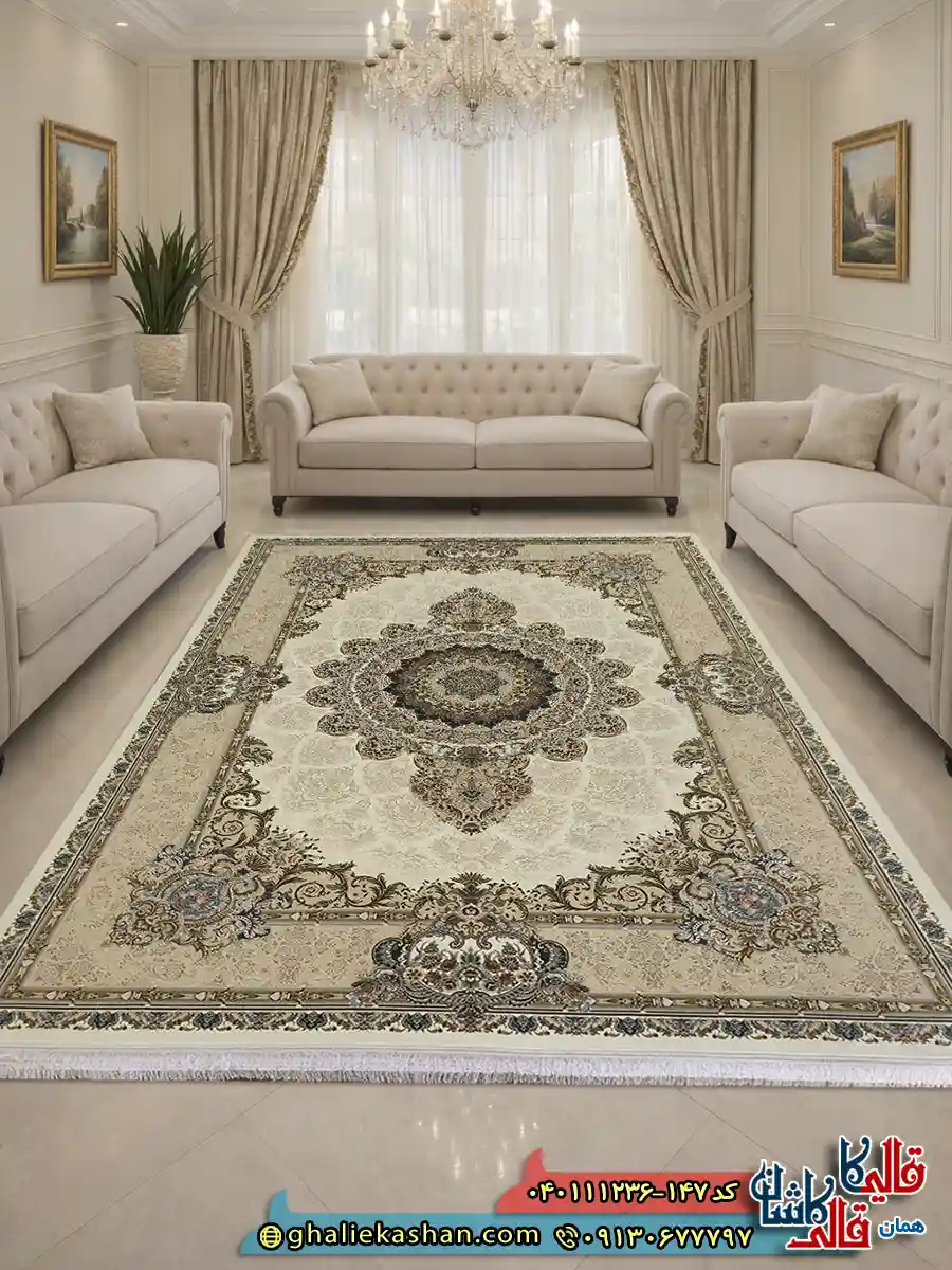 فرش 1200 شانه طرح شهرزاد رنگ سفید کرم گل برجسته کاشان دکوراسیون