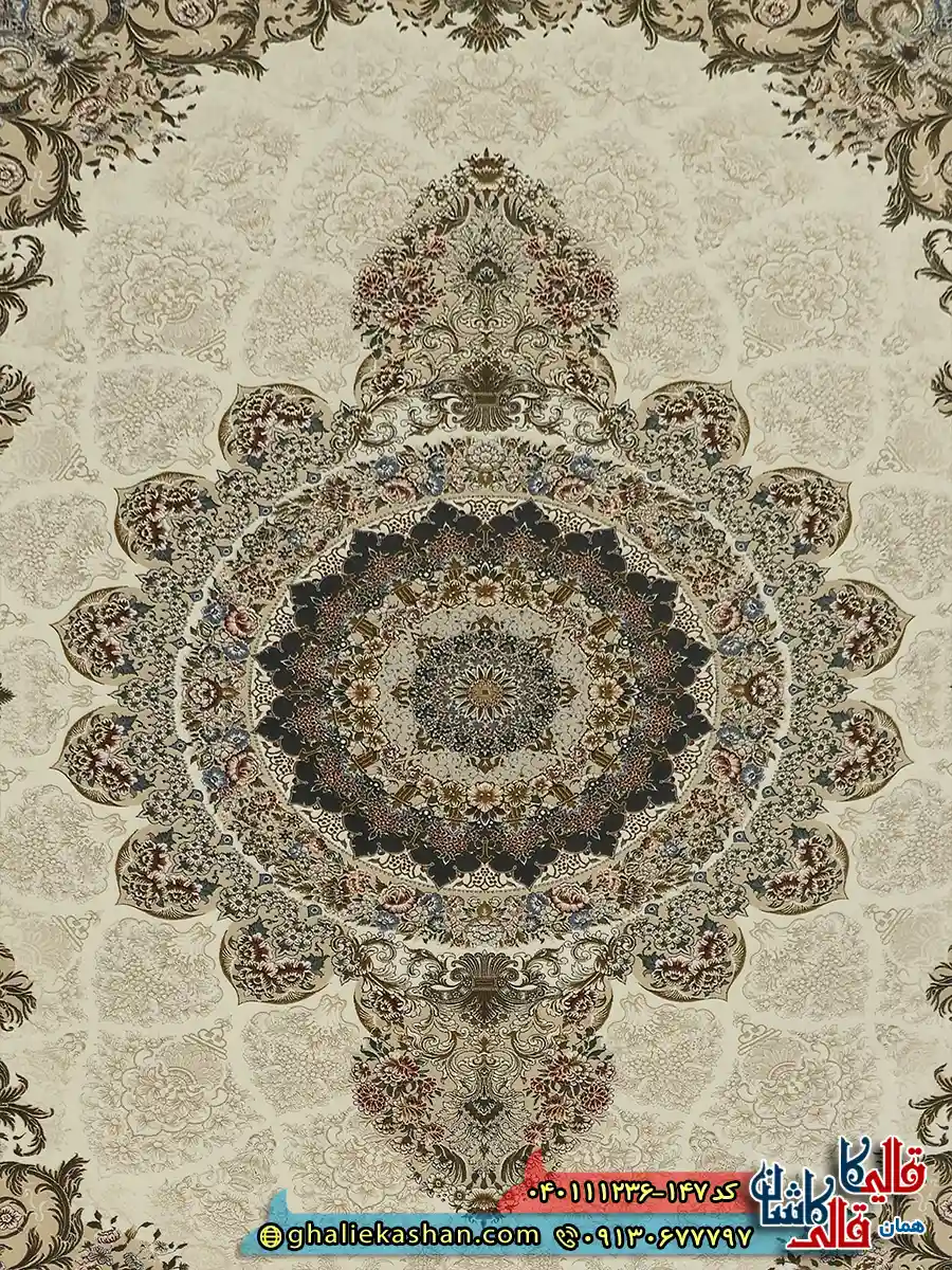 فرش 1200 شانه طرح شهرزاد رنگ سفید کرم گل برجسته کاشان زمینه