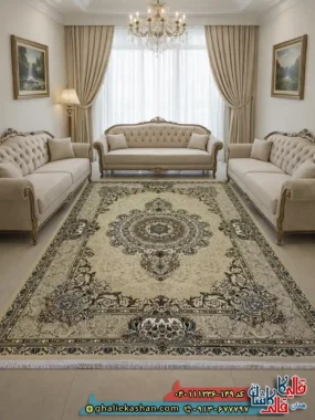 فرش 1200 شانه طرح شهرزاد رنگ کرم صدفی گل برجسته کاشان