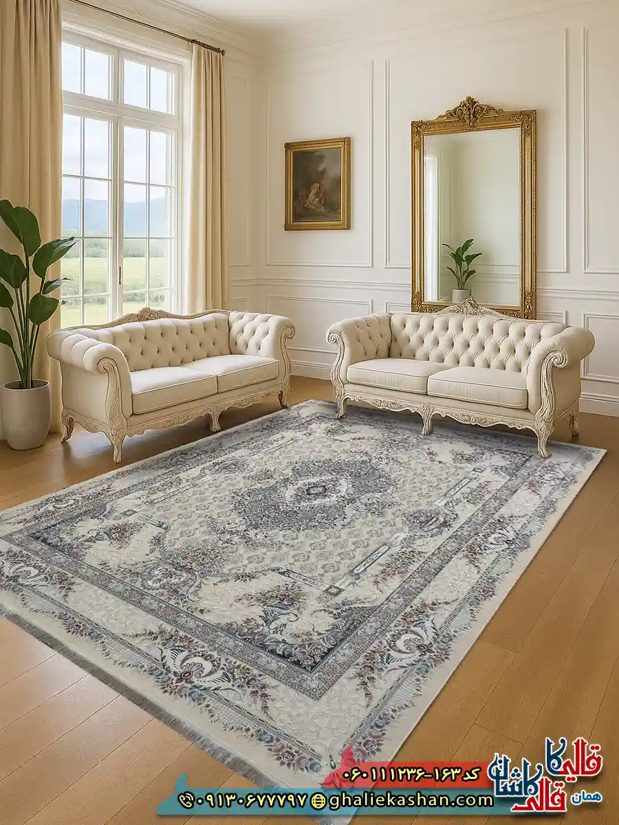 فرش 1200 شانه طرح فرانک رنگ کرم گل برجسته کاشان دکوراسیون